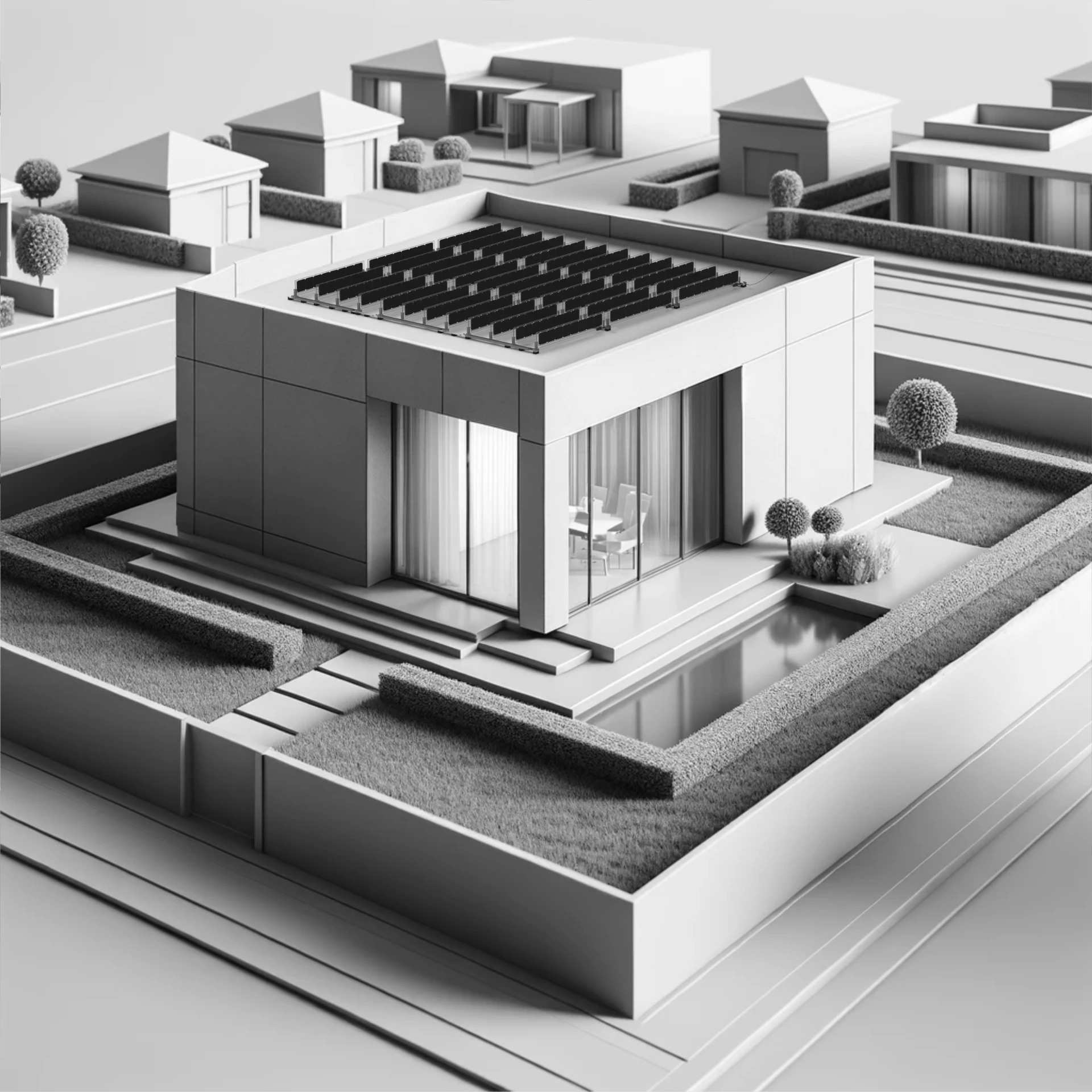 Concept render of a small house with Over Easy Solar vertical panels on its flat roof